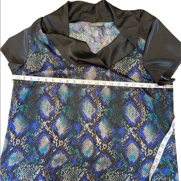 ADDITION ELLE Snakeskin Satin Black & Blue Cowl Neck Short Sleeve Top 16 - Picture 7 of 8